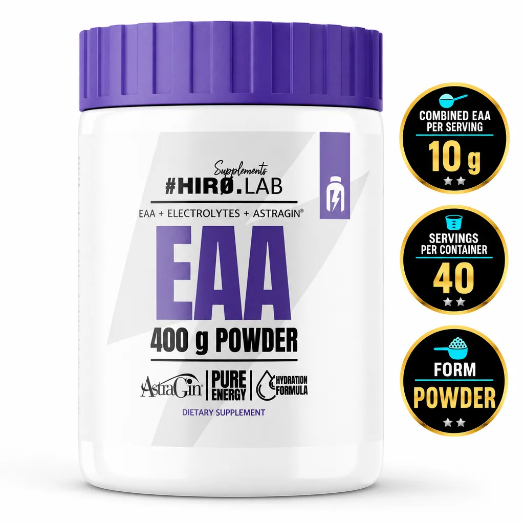 Hiro Lab EAA 400g powdered essential amino acid supplement with electrolytes and AstraGin, shown in a white tub with purple lid