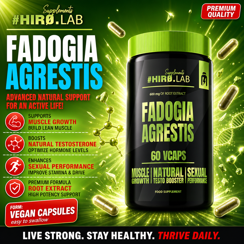 Hiro Lab Fadogia Agrestis 60 Vcaps vegan capsules, a natural testosterone booster and muscle growth supplement, in a black and green bottle with bold text and a vibrant green background.