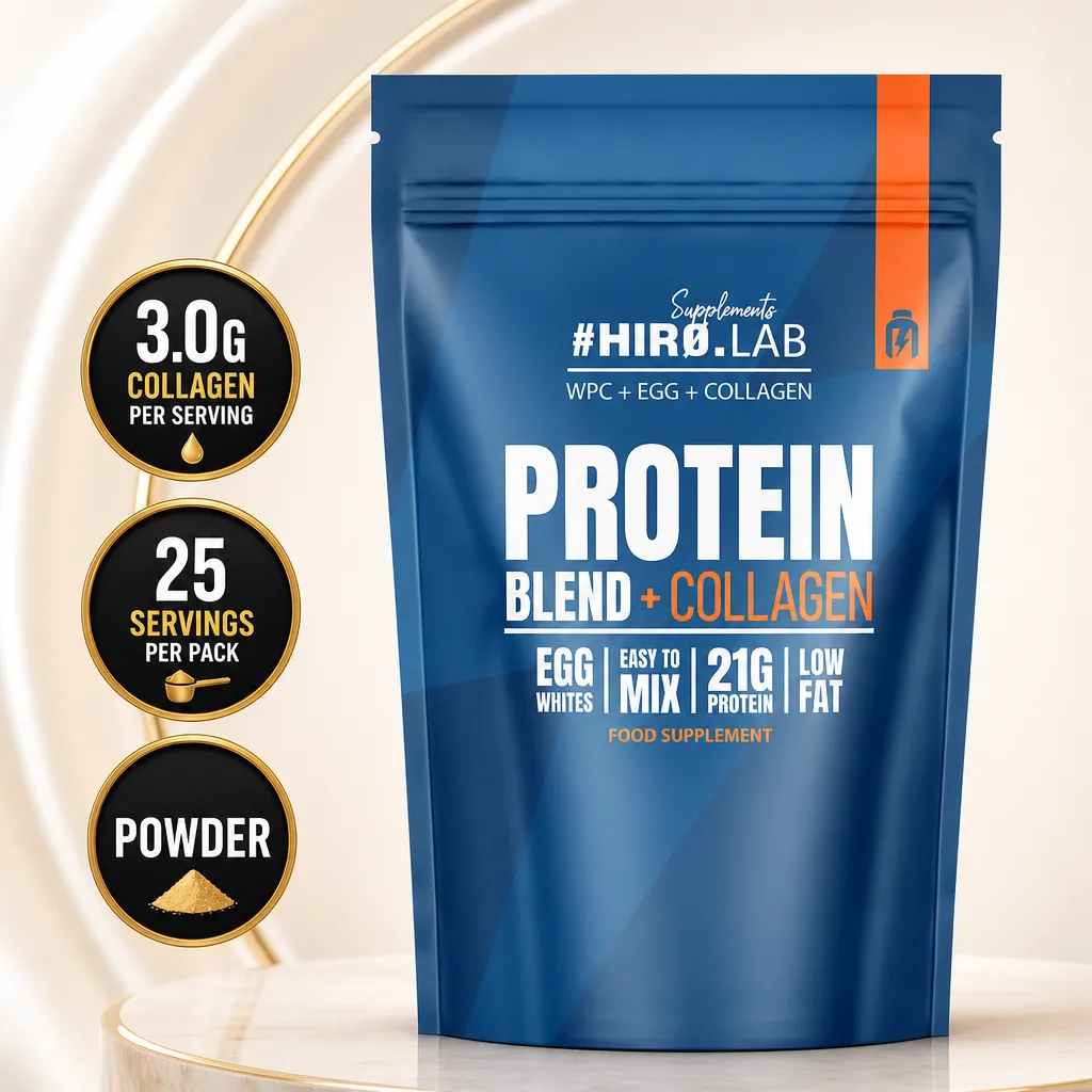 Hiro Lab Protein Blend + Collagen 750g protein powder supplement in a blue pouch with whey, egg protein and collagen
