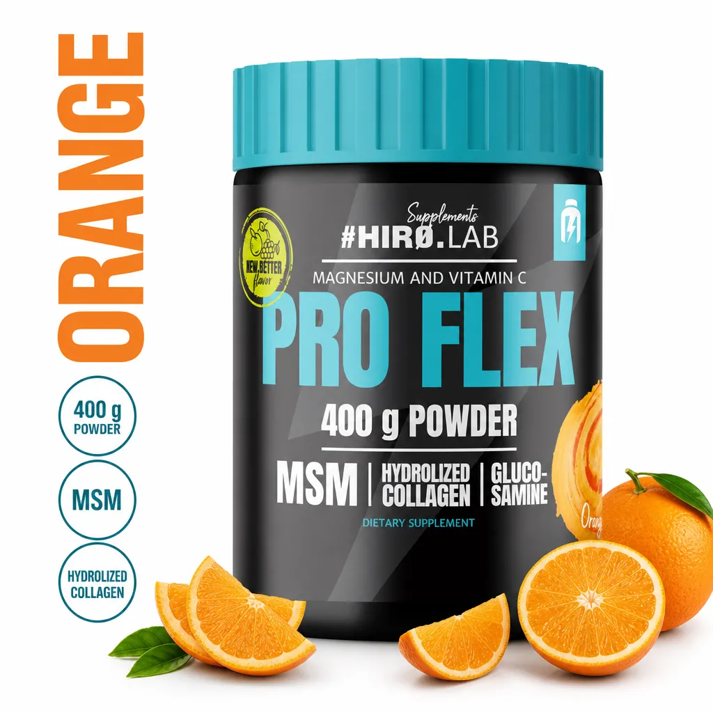 Hiro Lab Pro Flex 400g orange-flavoured joint support powder with MSM, hydrolyzed collagen and glucosamine