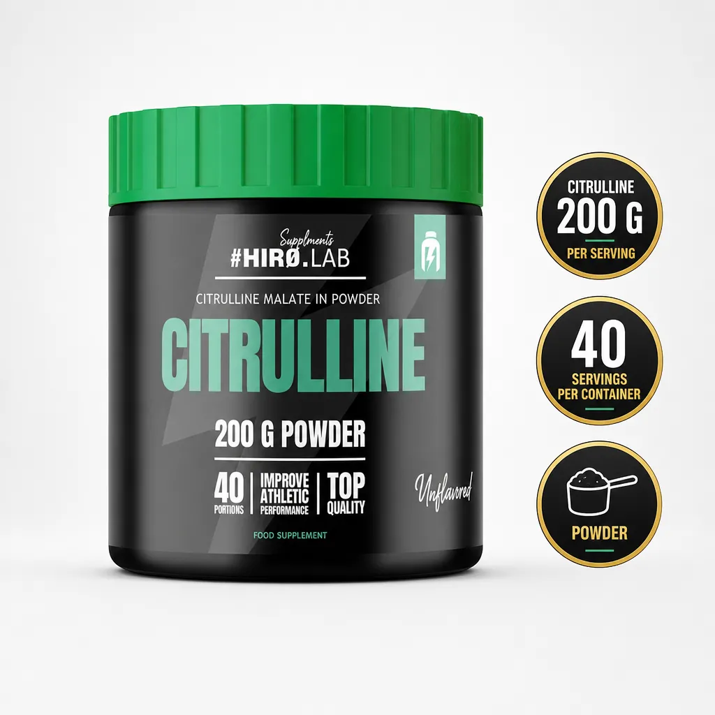 Hiro Lab Citrulline 200g Unflavored sports supplement in powder form, featuring a black container with a green lid