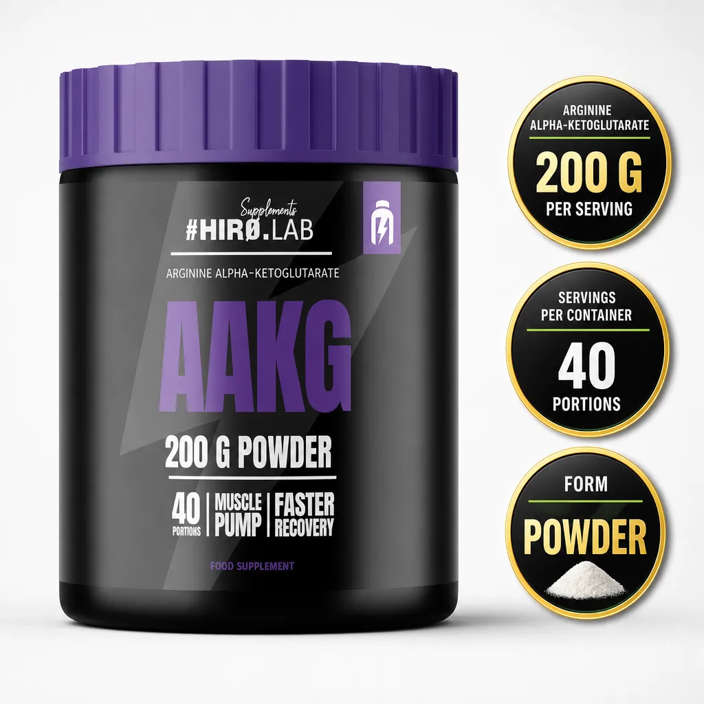 Hiro Lab AAKG 200g Unflavoured dietary supplement powder in a black tub with a purple lid, 40 servings