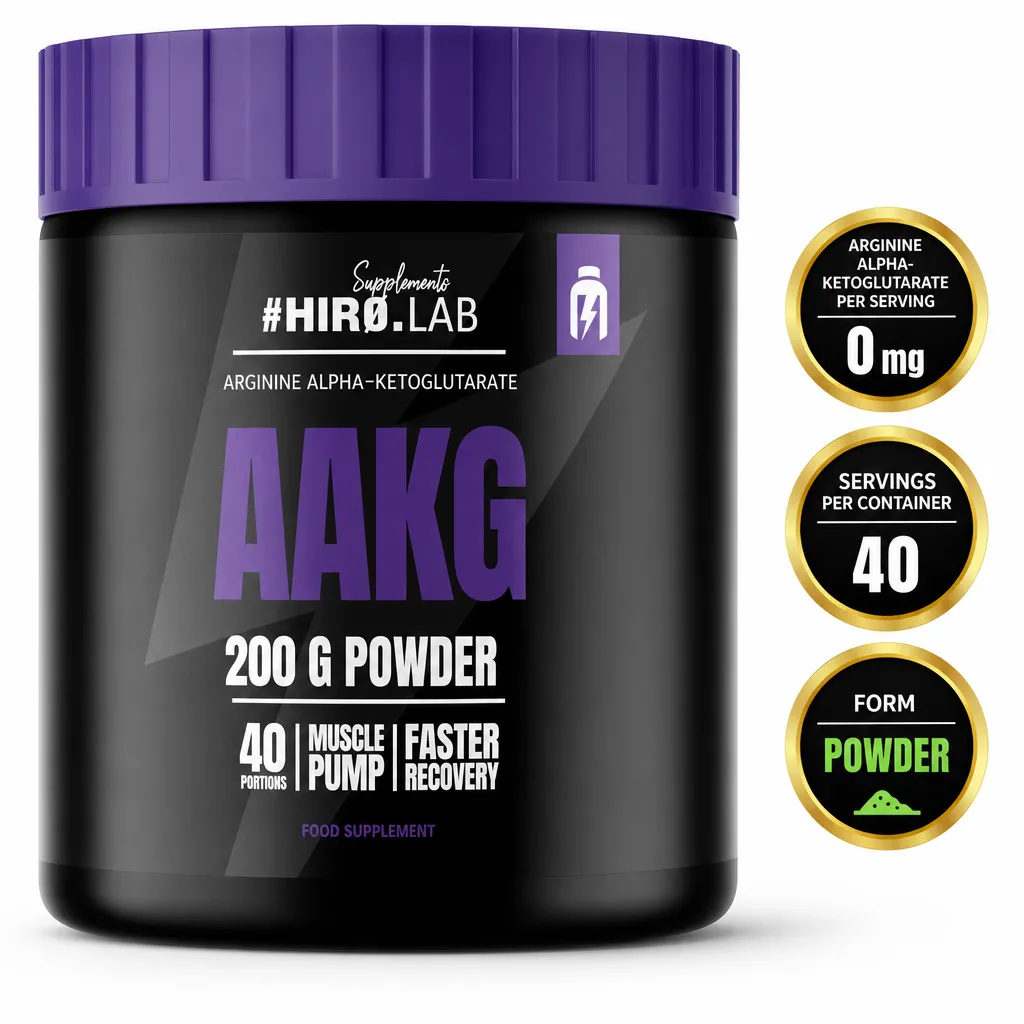 Hiro Lab AAKG 200g arginine alpha-ketoglutarate dietary supplement powder in a black and purple tub