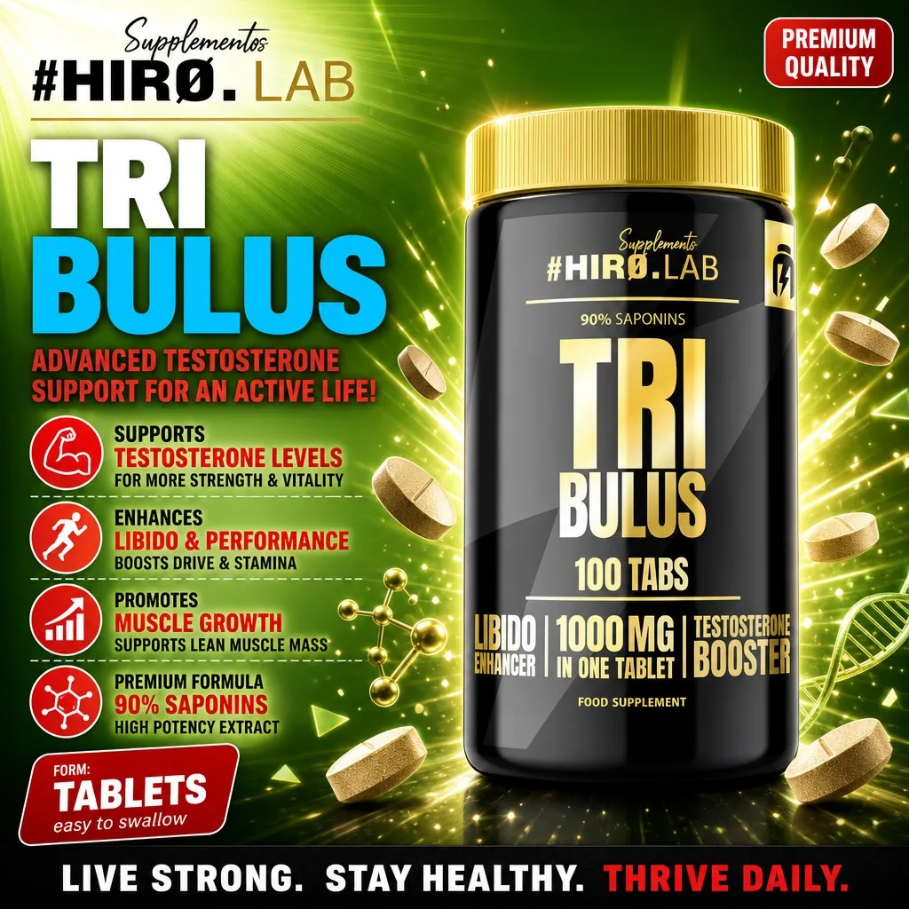 Hiro Lab Tribulus 100 Tabs testosterone booster supplement with 1000mg per tablet and 90% saponins, libido enhancer, black and gold bottle.