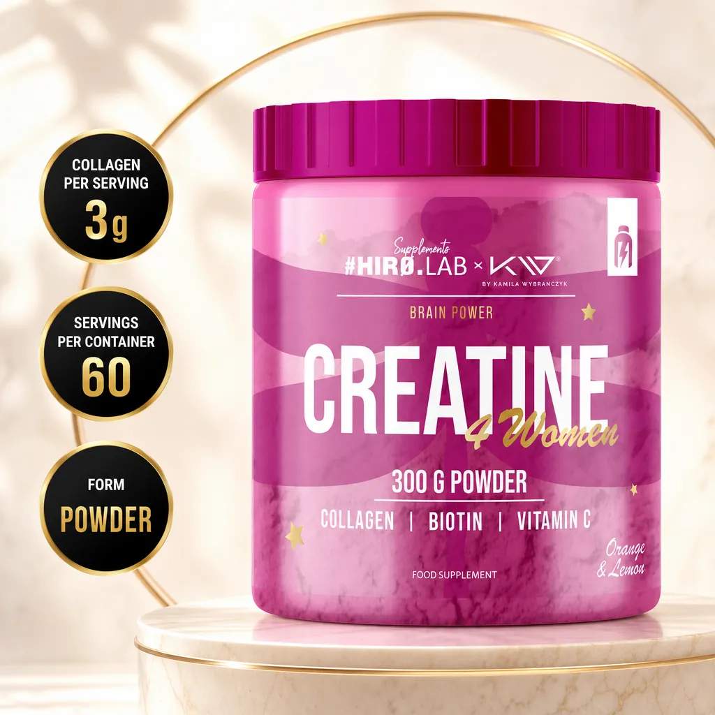 Hiro Lab Creatine 4 Women 300g orange lemon dietary supplement powder with collagen, biotin and vitamin C in a pink tub