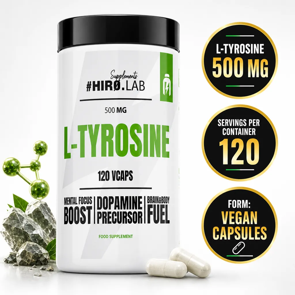 Hiro Lab L-Tyrosine 500 dietary supplement with 500 mg vegan capsules and 120 servings in a white container