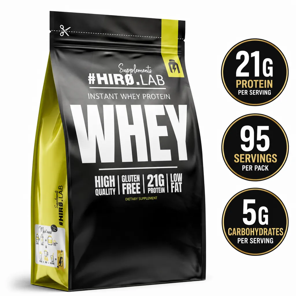 Hiro Lab Instant Whey Protein 2000g whey protein supplement in a black and yellow pouch with 21g protein per serving