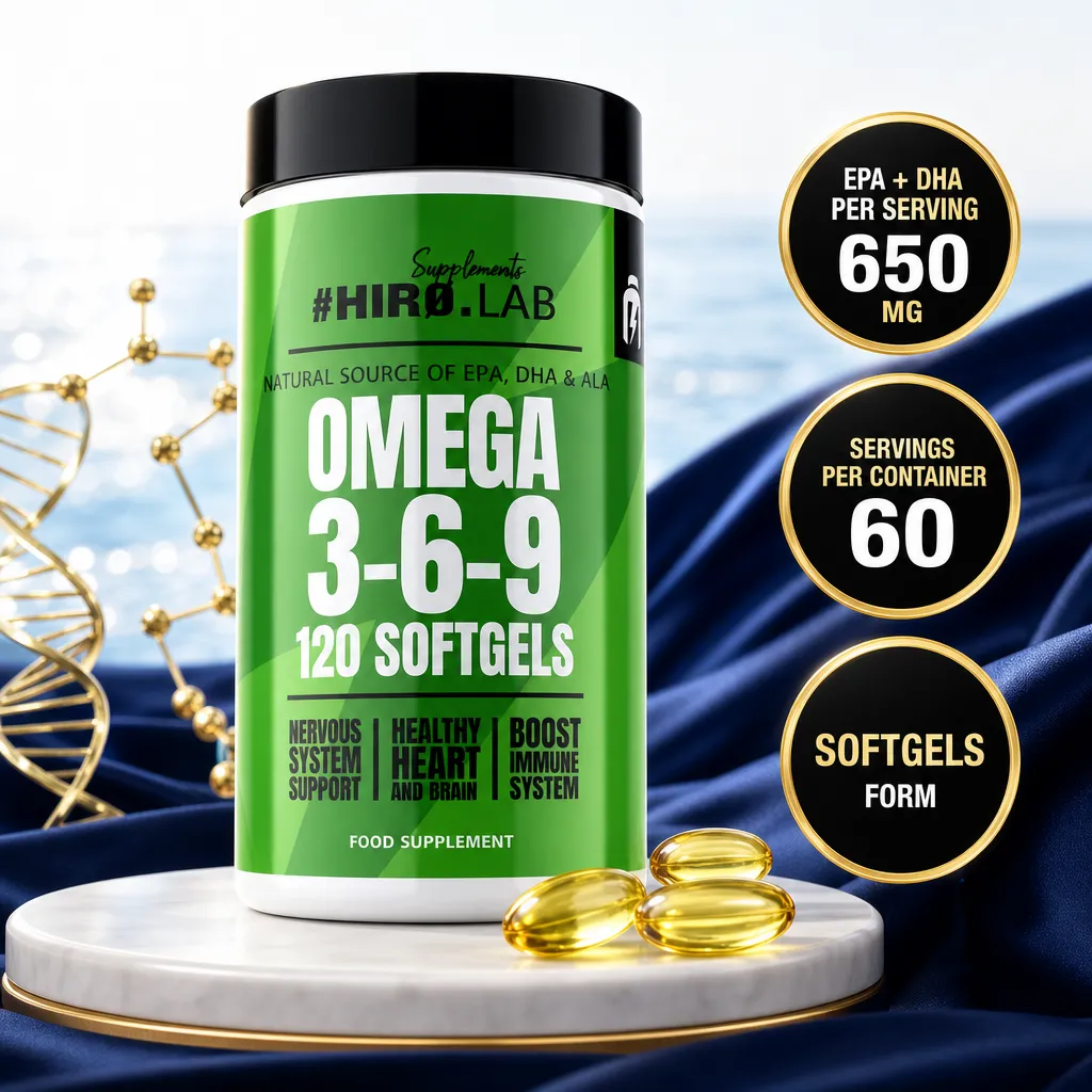 Hiro Lab Omega 3 6 9 dietary supplement with 120 softgels in a green bottle, featuring omega-3, omega-6 and omega-9 fatty acids