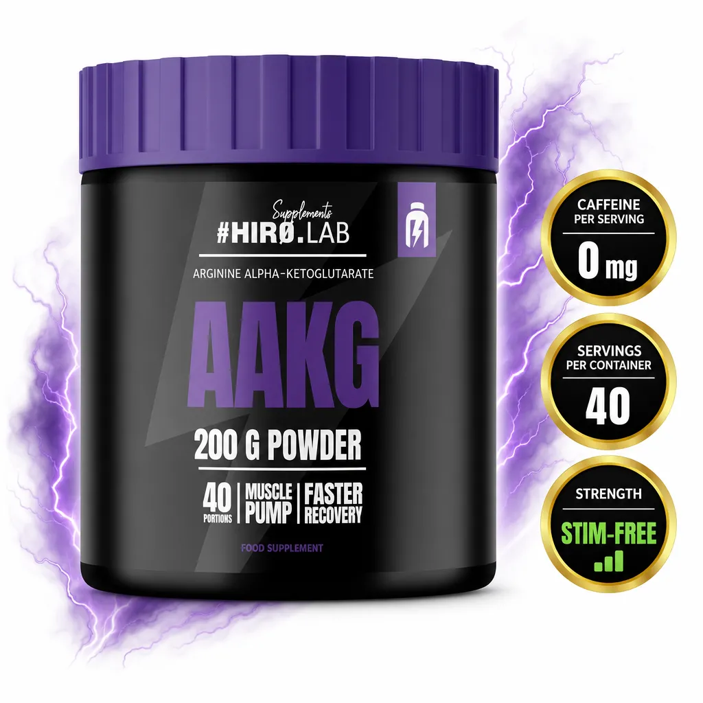 Hiro Lab AAKG 200g dietary supplement powder with Arginine Alpha-Ketoglutarate in a black and purple tub