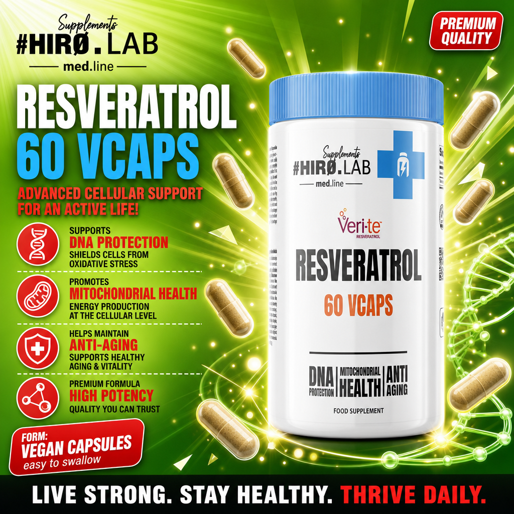Hiro Lab Resveratrol Veri-Te 60 Vege Caps bottle with white label, purple accents, and vegan capsule details