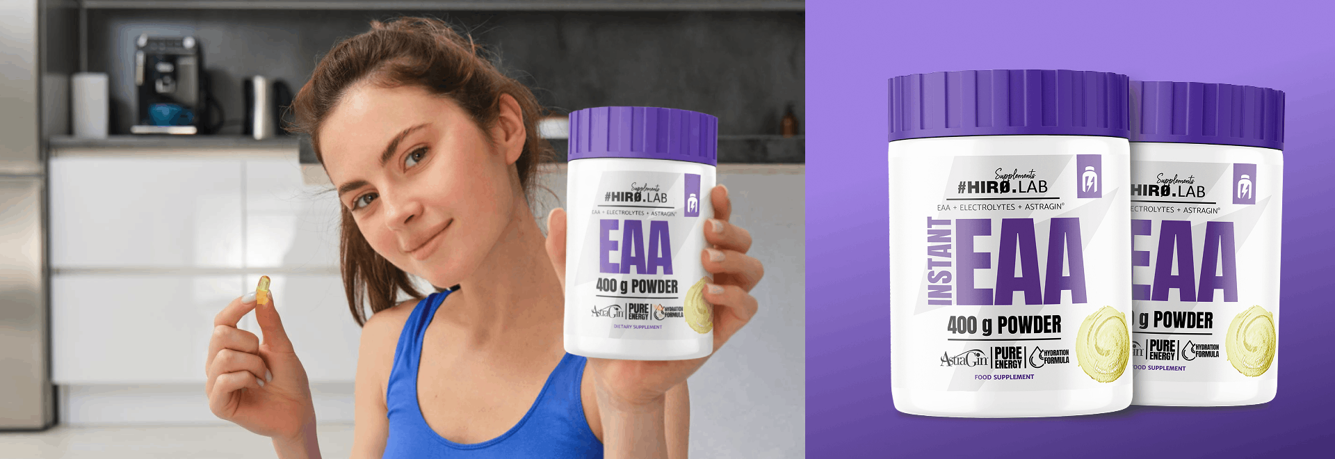protein powder, EAA powder, supplement, powder, purple lid