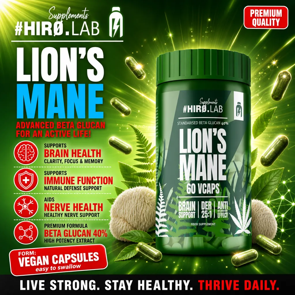 Hiro Lab Lion's Mane 60 Vcaps vegan capsules supplement with 40% beta glucan, supporting brain health, immune function, and nerve health. Green packaging with mushroom imagery.