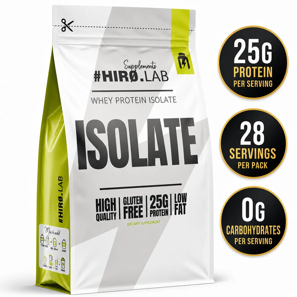 Hiro Lab Whey Protein Isolate 700g protein powder supplement in a white and lime green pouch, with 25g protein per serving