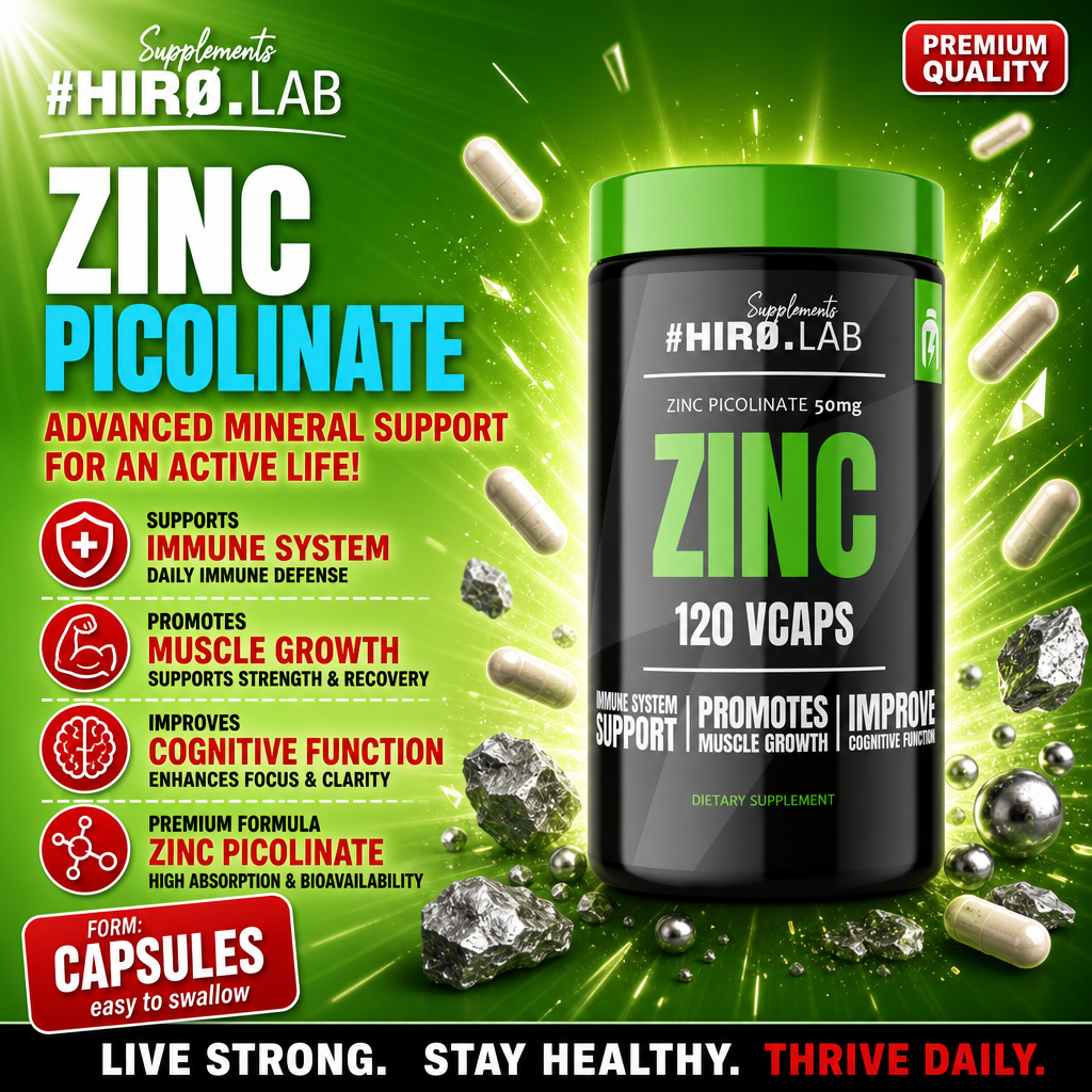 Hiro Lab Zinc Picolinate 120 Vcaps dietary supplement, featuring 50mg zinc per capsule, designed to support immune system, muscle growth, and cognitive function. Black bottle with green cap and vibrant green background.