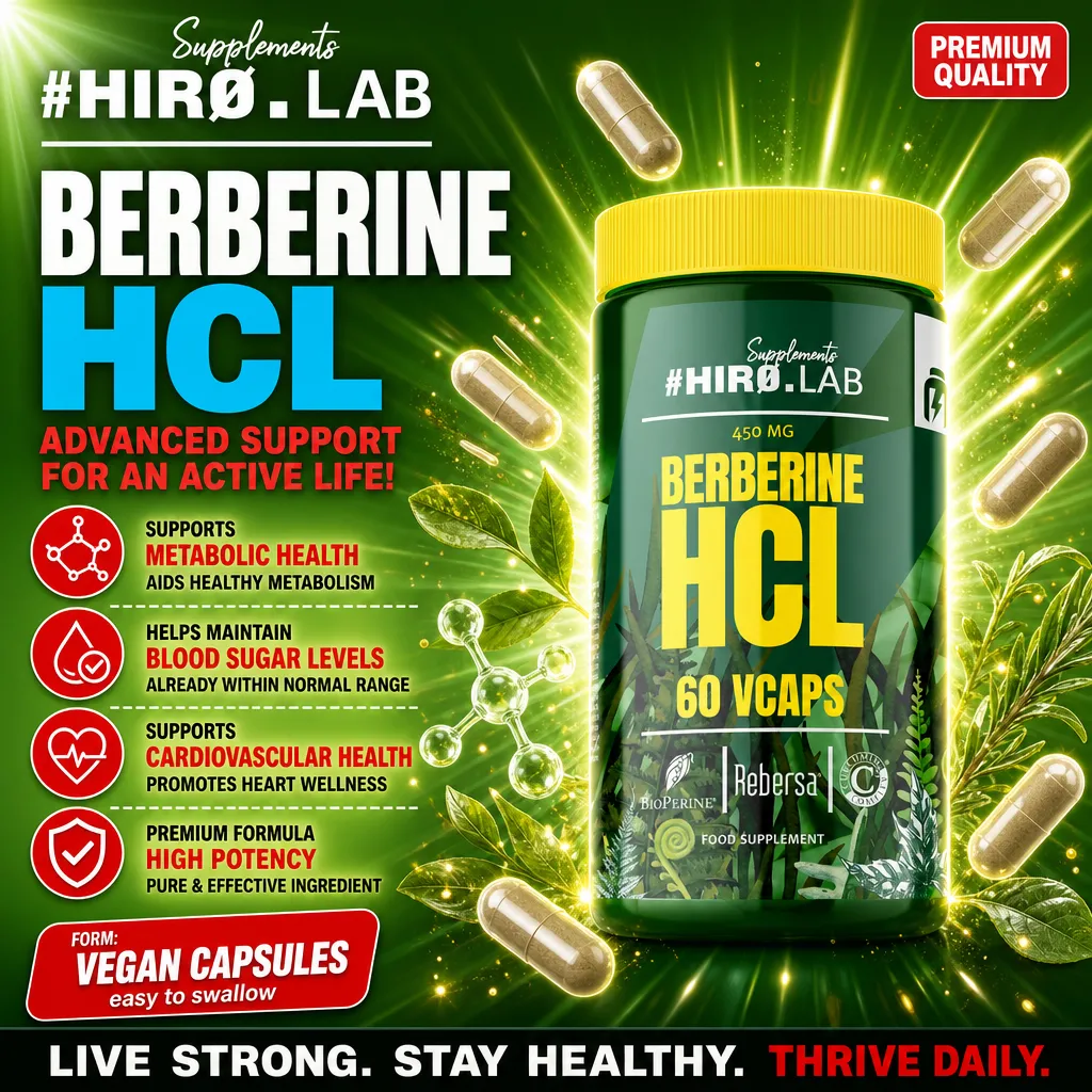 Hiro Lab Berberine HCL 450mg 60 vegan capsules, a dietary supplement supporting metabolic health, blood sugar levels, and cardiovascular health, in a green bottle with yellow cap.