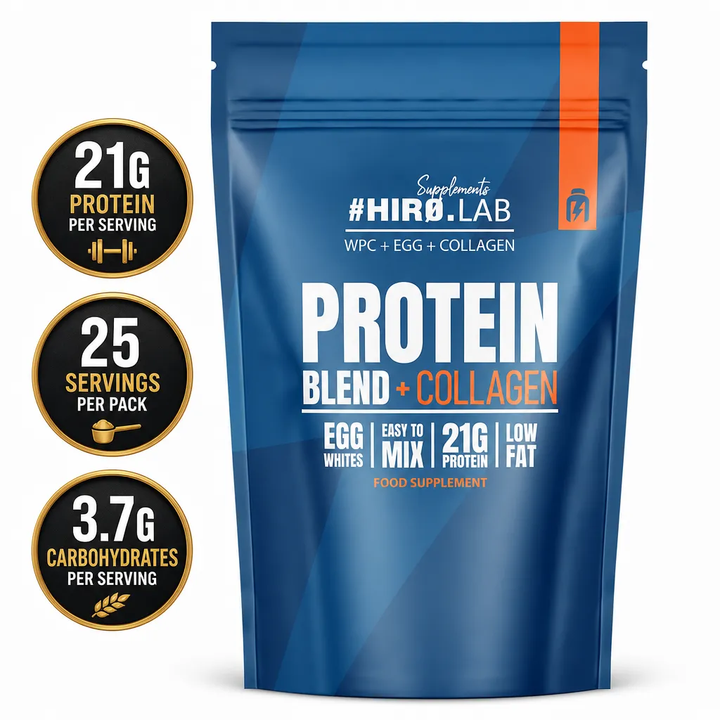 Hiro Lab Protein Blend + Collagen 750g protein supplement in a blue pouch with egg whites, collagen, 21g protein and low fat