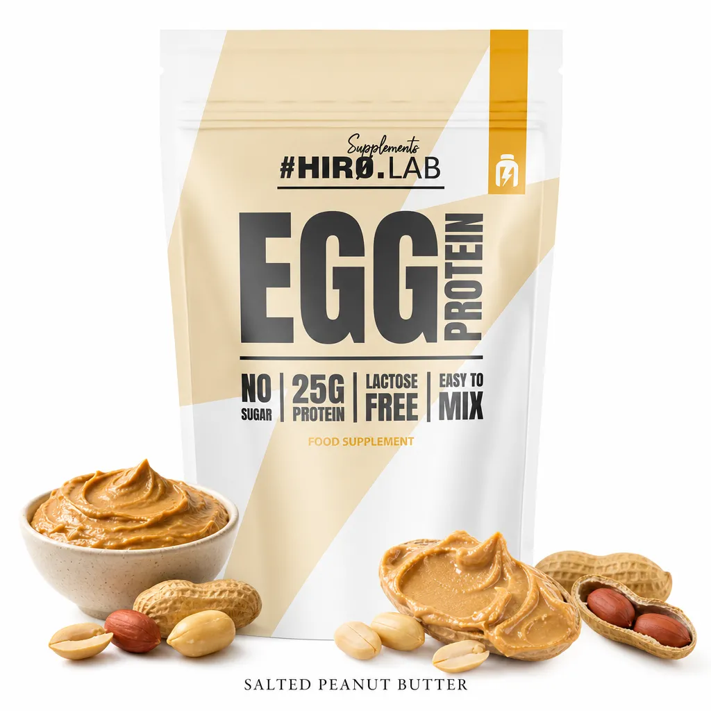 Hiro Lab Egg Protein 750g salted peanut butter flavour, lactose-free egg white protein powder with 25g protein per serving, suitable for low-carb diets.