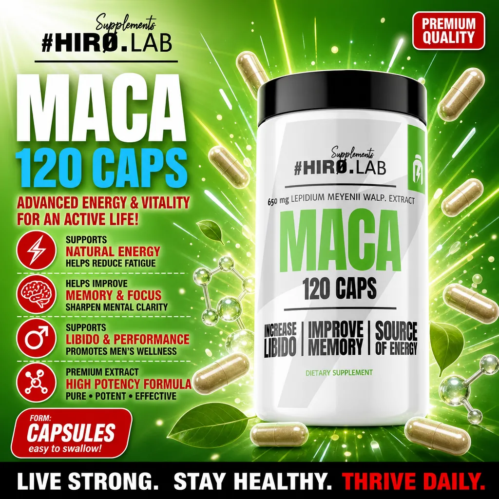 Hiro Lab Maca 120 Caps dietary supplement, featuring 650 mg Lepidium meyenii extract per capsule, designed to support energy, memory, and libido. The packaging is predominantly green and white.
