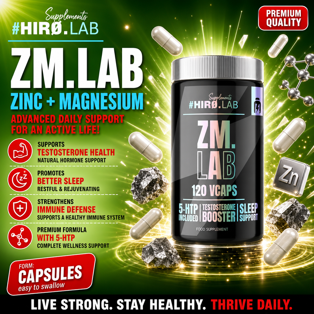 Hiro Lab ZM.LAB 120 Vcaps zinc and magnesium supplement with 5-HTP, designed for testosterone, sleep, and immune support, in a black bottle with green background.