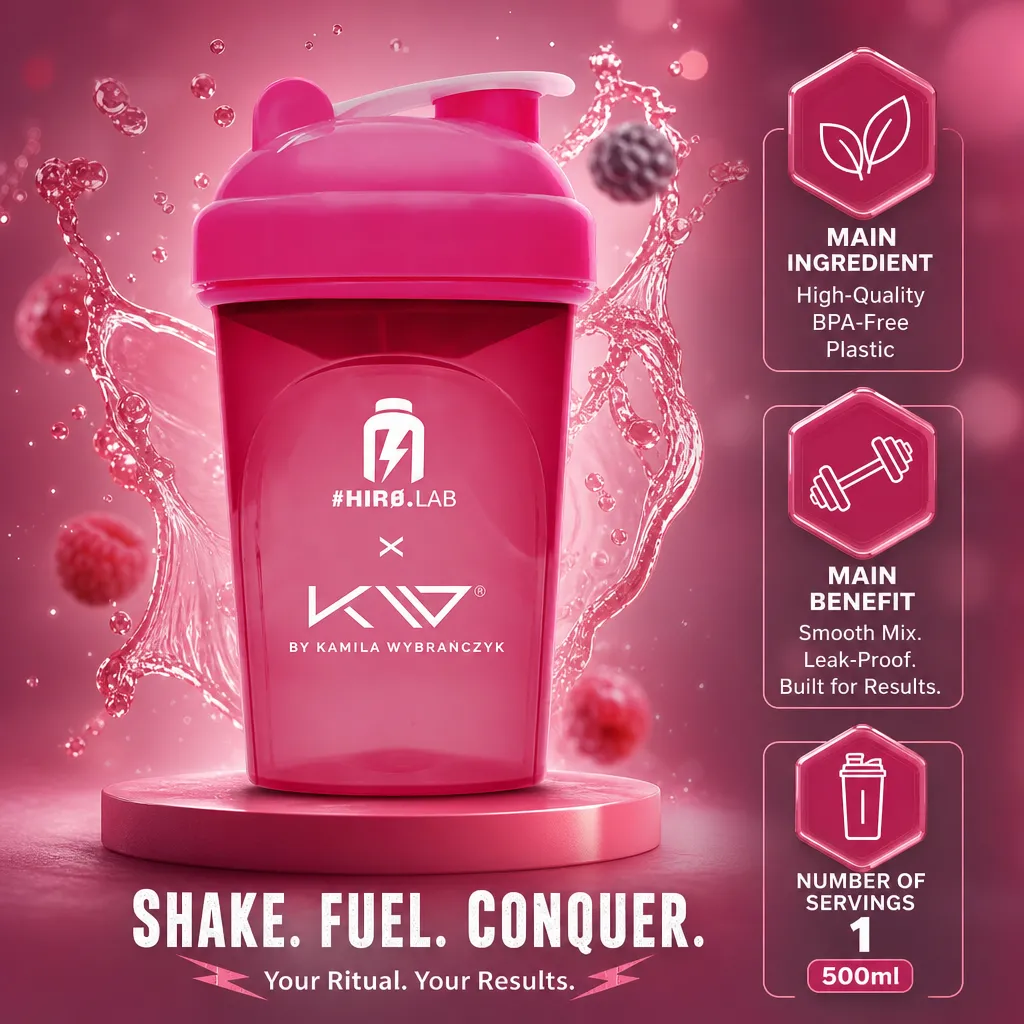 Hiro Lab Shaker By Kamila Wybrańczyk 500ml, a vibrant pink BPA-free plastic shaker with a secure lid, designed for smooth mixing of supplements and featuring exclusive athlete-inspired branding.