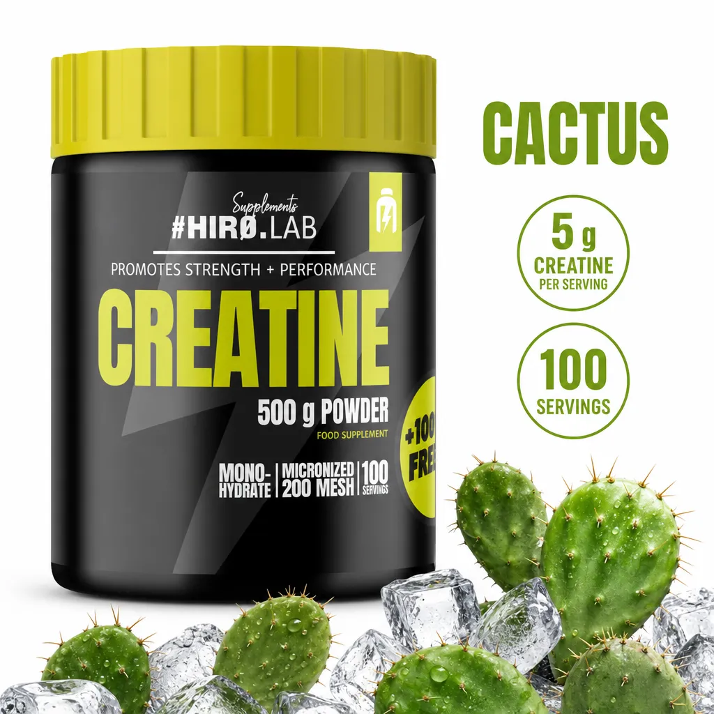 Hiro Lab Creatine Monohydrate 200 Mesh cactus-flavour powder, 500g tub with 100g free, providing 5g creatine per serving