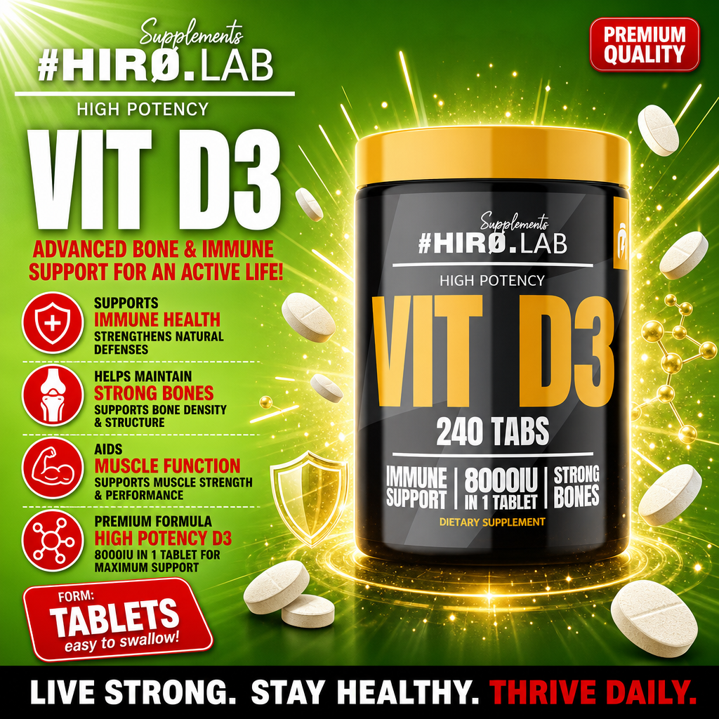 Hiro Lab Vitamin D3 high potency dietary supplement, 240 tablets, 8000IU per tablet, for immune support and strong bones, black and yellow packaging.