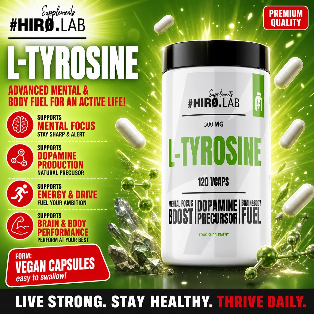 Hiro Lab L-Tyrosine 500mg 120 Vcaps vegan capsules, a dietary supplement for mental focus, dopamine production, and brain and body performance, in a white and green bottle.