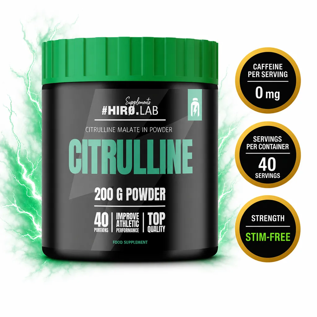 Hiro Lab Citrulline 200g powdered citrulline malate sports supplement in a black tub with a green lid, 40 servings