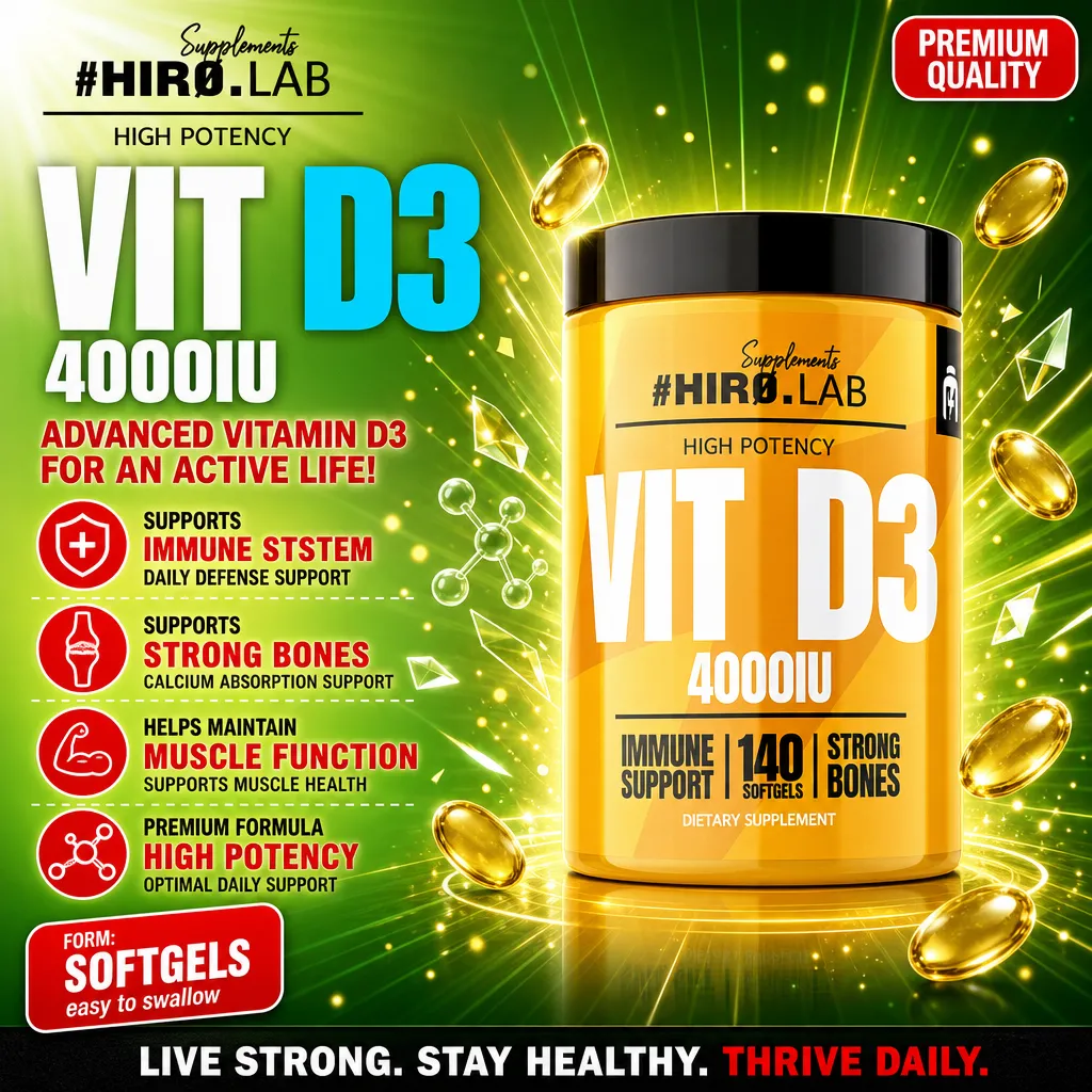 Hiro Lab Vitamin D3 4000IU high potency vitamin D3 supplement in a 140 softgels bottle, supports immune system, strong bones, and muscle function, yellow container with black lid.