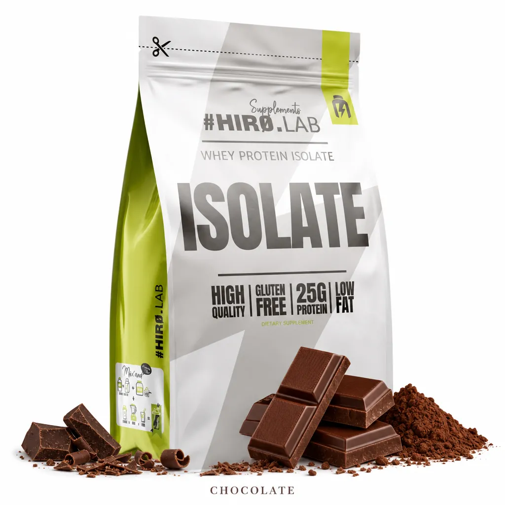 Hiro Lab Whey Protein Isolate 700g chocolate flavour, high protein, low fat, gluten free supplement in a resealable pouch with chocolate pieces and cocoa powder displayed.