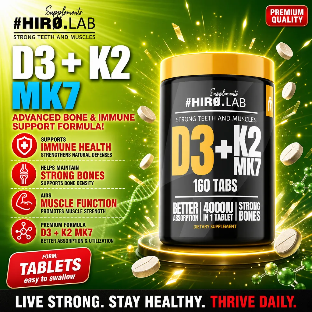 Hiro Lab Vitamin D3 4000IU + K2 MK7 160 Tabs bottle, white plastic container with branded label and supplement details.