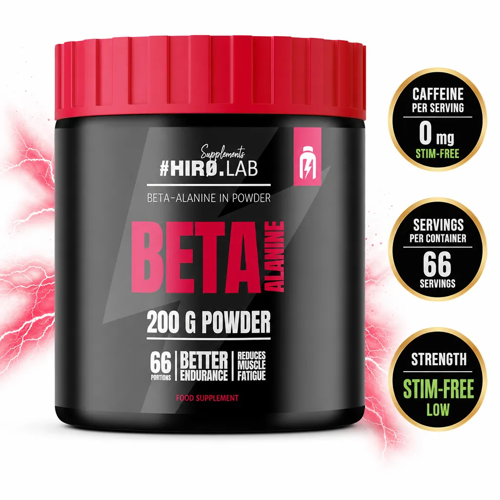 Hiro Lab Beta Alanine 200g powder supplement in a black tub with a red lid, labelled stim-free and designed for workout endurance