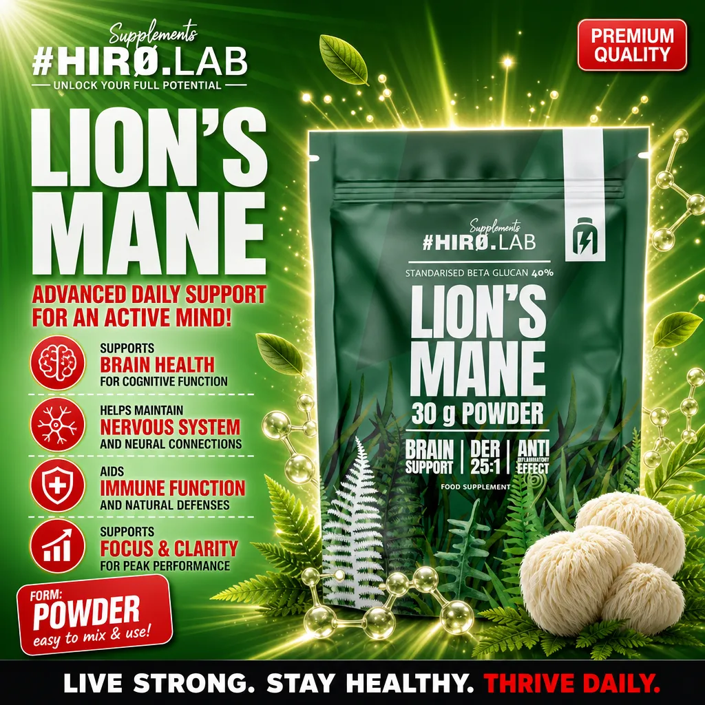 Hiro Lab Lion's Mane Mushroom Extract 30g powder supplement for brain support, nervous system health, and immune function, in a green pouch with Lion's Mane mushrooms pictured.