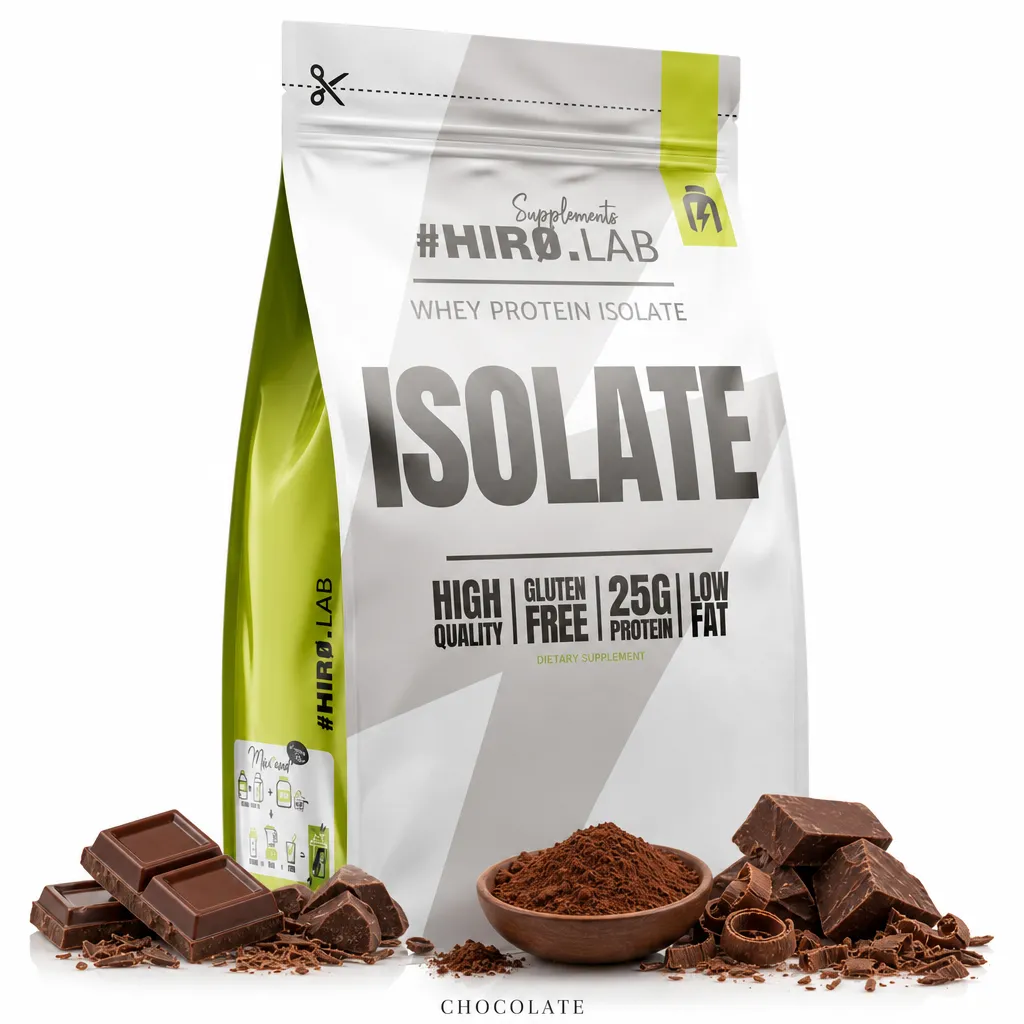 Hiro Lab Whey Protein Isolate 700g chocolate flavour, high-protein gluten-free supplement with low fat, shown with chocolate pieces and powder.