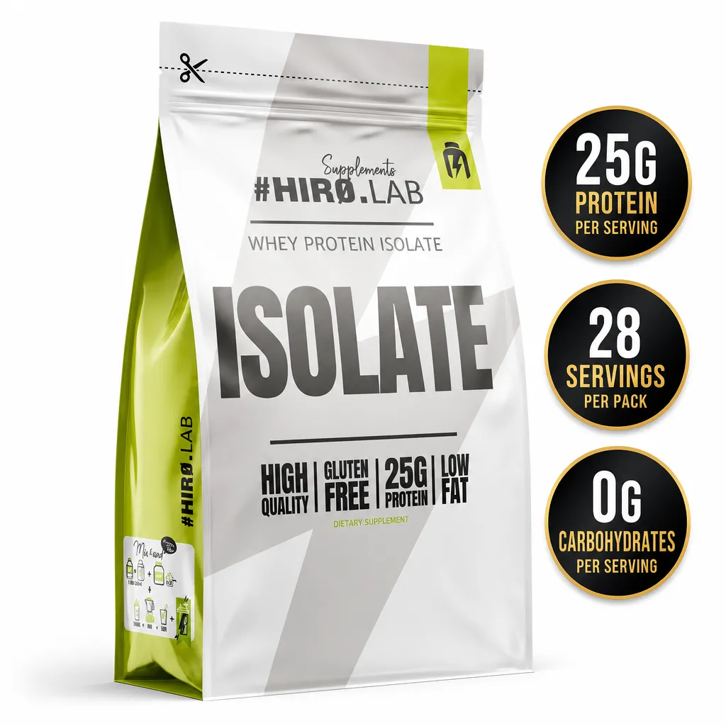 Hiro Lab Whey Protein Isolate 700g dietary supplement in a white and lime green pouch, featuring 25g protein per serving