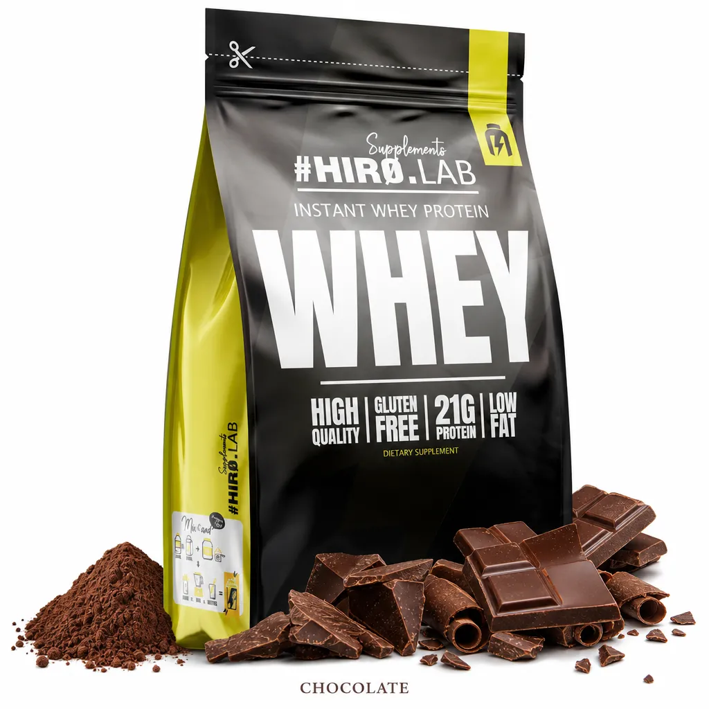 Hiro Lab Instant Whey Protein 2000g chocolate flavor, high-quality whey protein concentrate with 21g protein per serving, gluten-free, low fat, in a black and yellow pouch with chocolate pieces and cocoa powder.