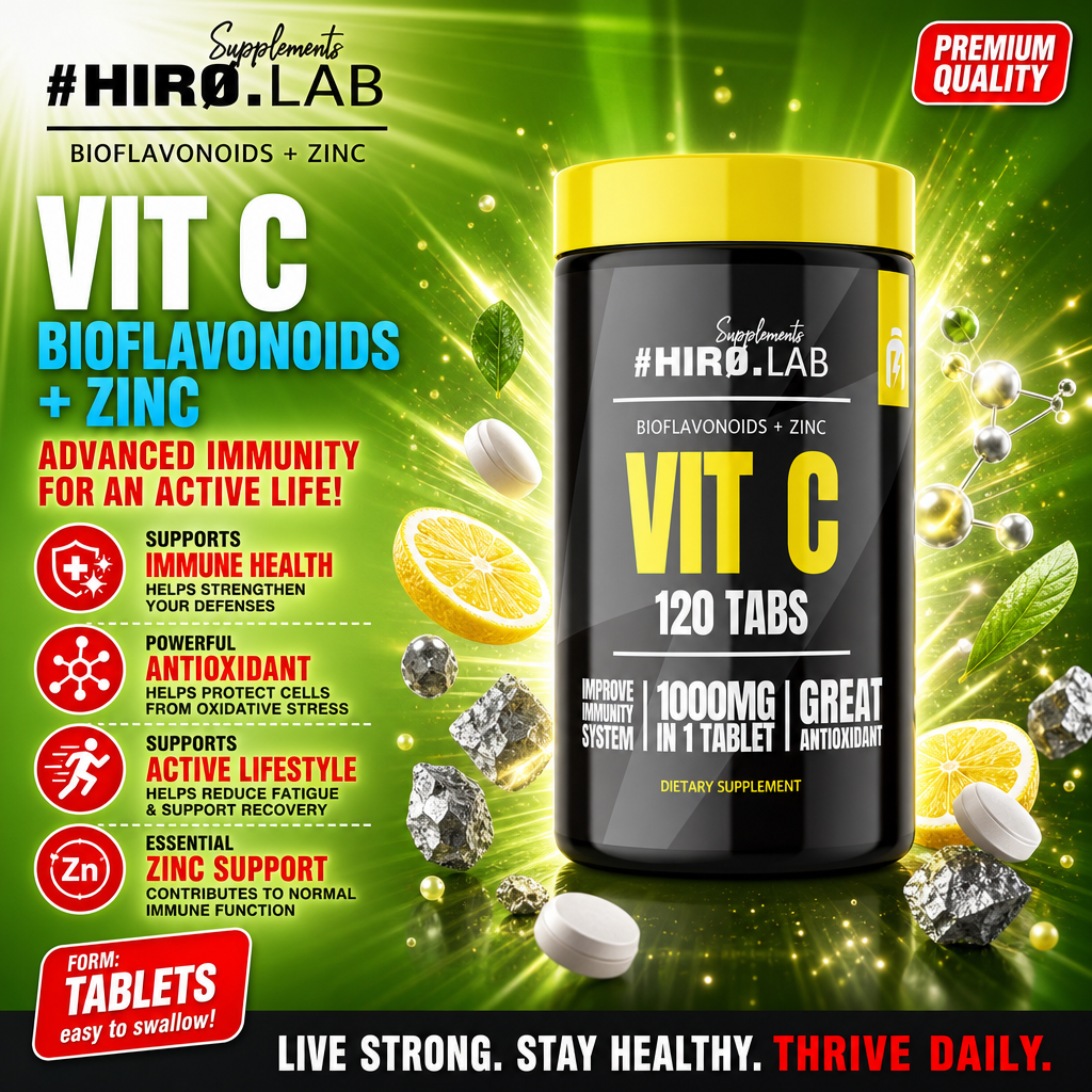 Hiro Lab Vit C Bioflavonoids + Zinc 120 tablets dietary supplement with 1000mg vitamin C per tablet, antioxidant and immune support, in a black and yellow container.