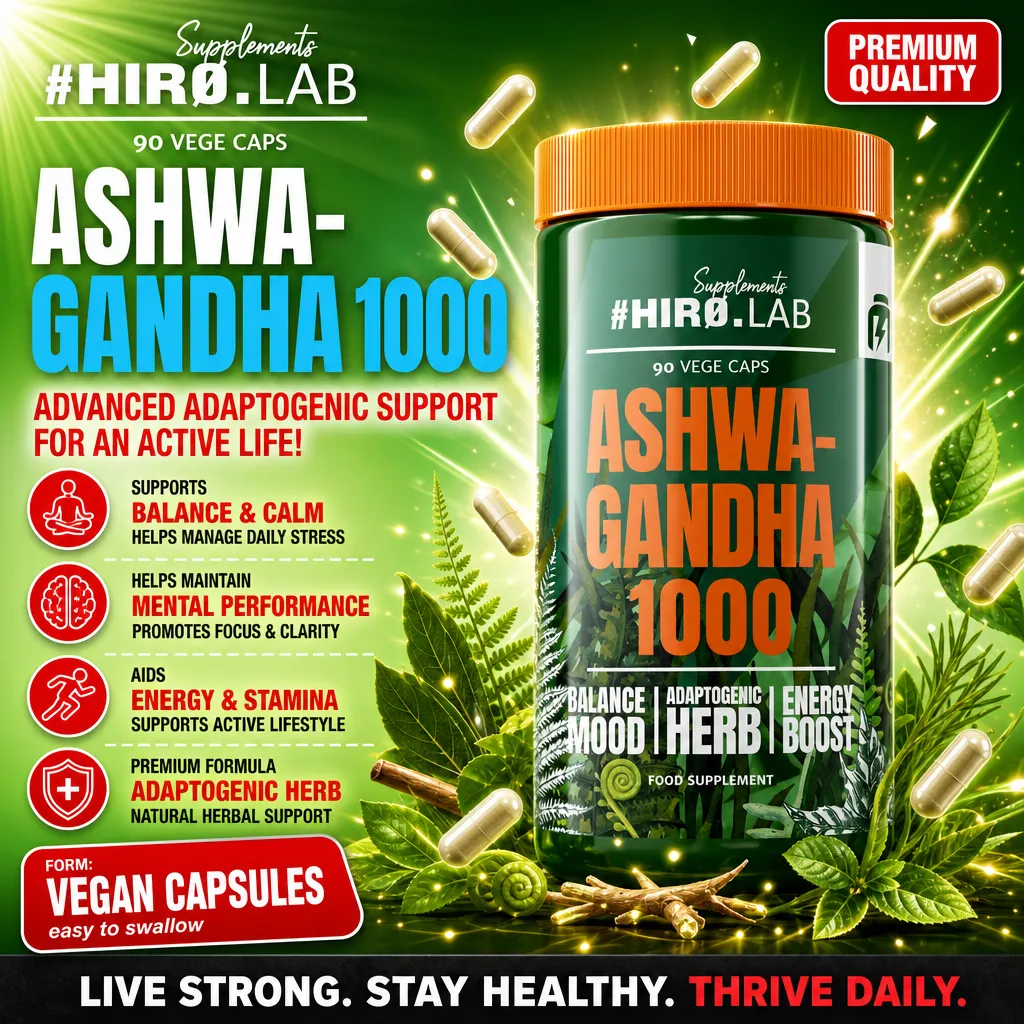 Hiro Lab Ashwagandha 1000 90 vege caps, an adaptogenic herb supplement in vegan capsules, designed to support balance, calm, mental performance, and energy. Green bottle with orange lid and herbal graphics.