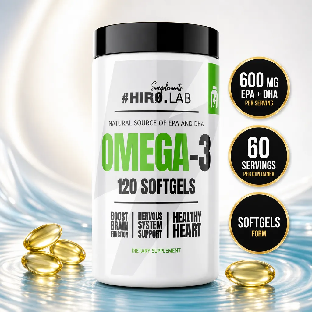 Hiro Lab Omega 3 120 Softgels dietary supplement with EPA and DHA, featuring 120 softgel capsules and a white and green label