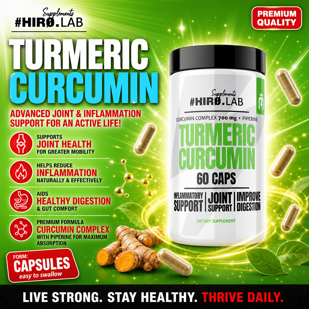 Hiro Lab Turmeric Curcumin 60 Caps dietary supplement with curcumin complex and piperine for joint, inflammation, and digestion support, in capsule form, predominantly green and white packaging.