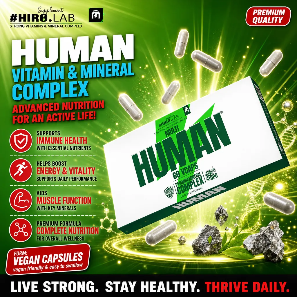 Hiro Lab Multi Human 60 Vege Caps bottle, white plastic container with green and blue label, 60 vegan capsules