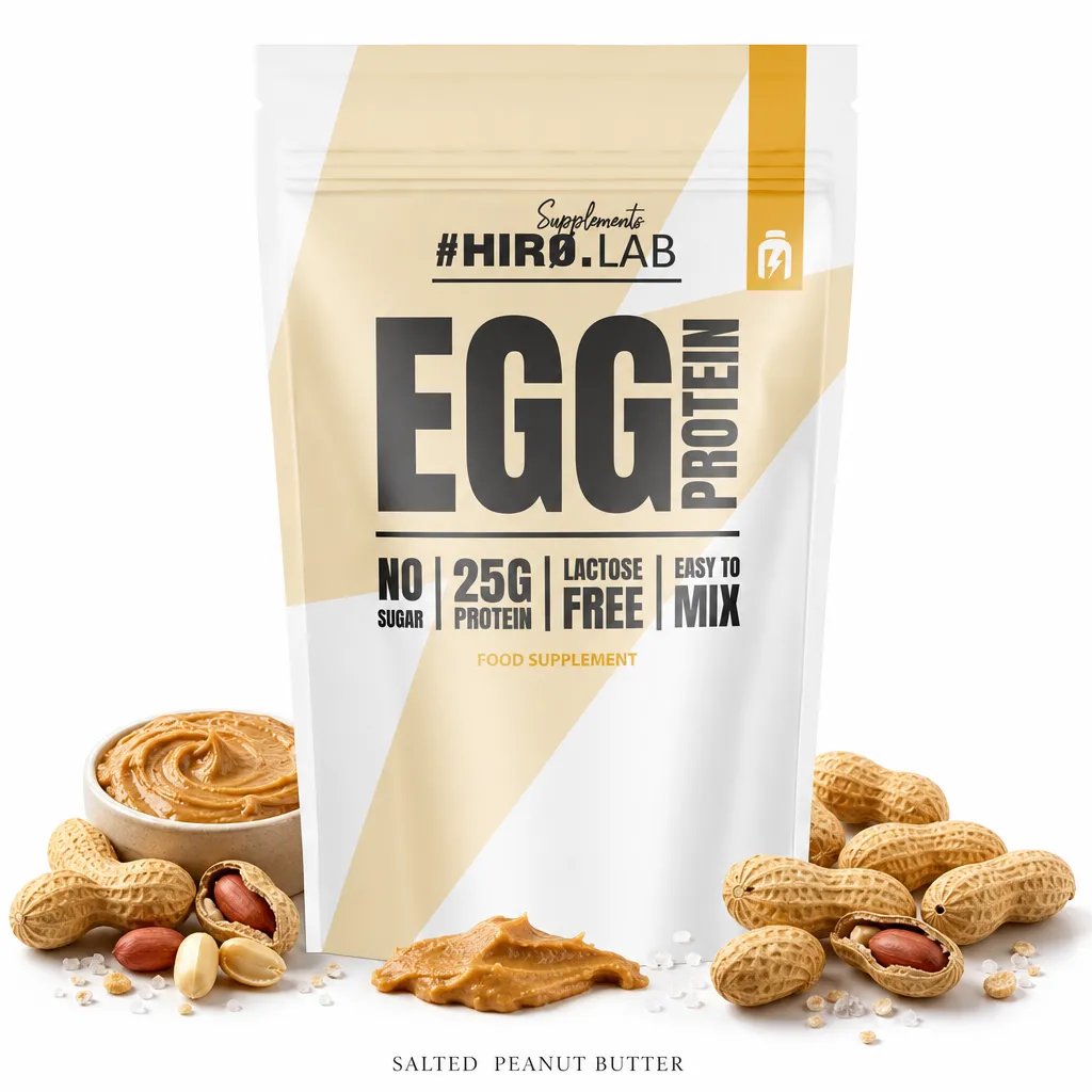 Hiro Lab Egg Protein 750g salted peanut butter flavour, lactose-free egg white protein supplement with 25g protein per serving, no sugar, and easy mixing.