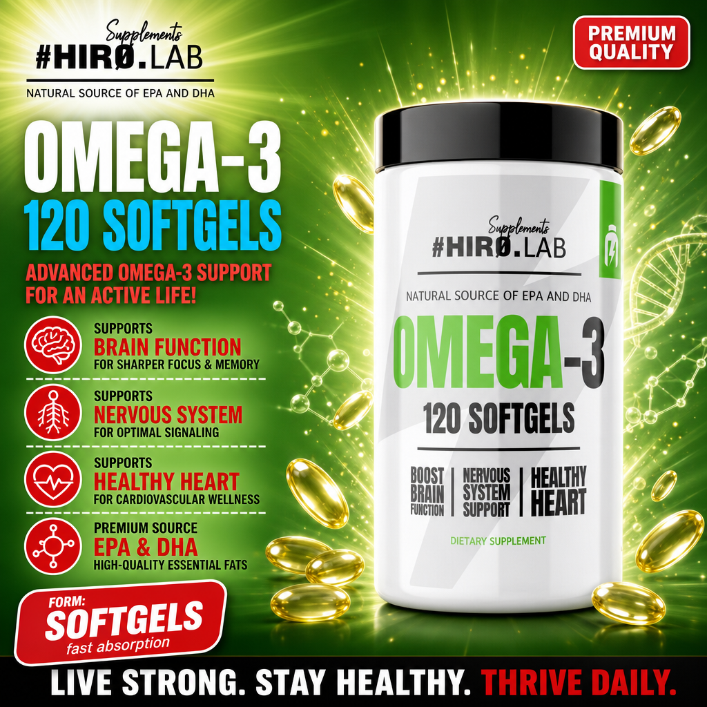 Hiro Lab Omega 3 120 Softgels bottle with blue and white label, containing fish oil supplement capsules.