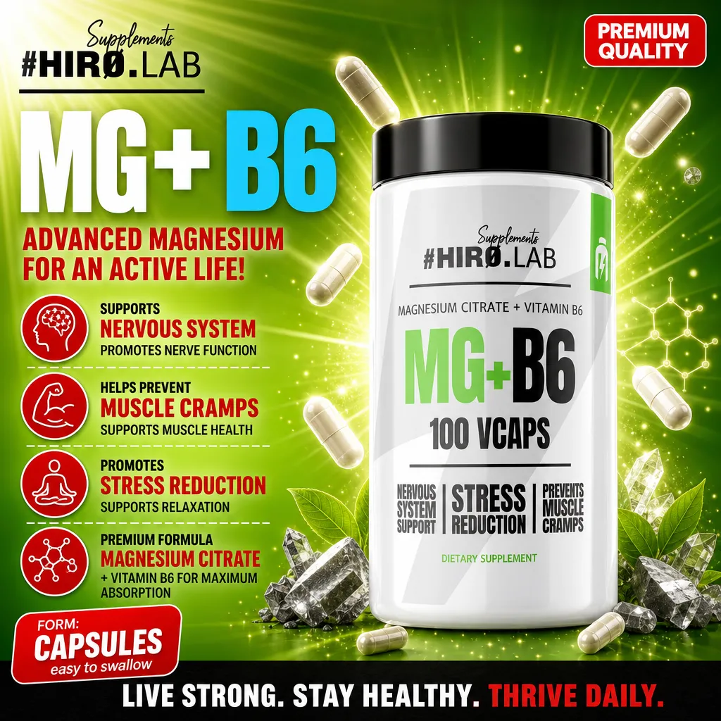 Hiro Lab Magnesium Citrate + B6 100 Vcaps dietary supplement with magnesium citrate and vitamin B6, designed to support the nervous system, stress reduction, and muscle health. Capsule form, predominantly green and white packaging.
