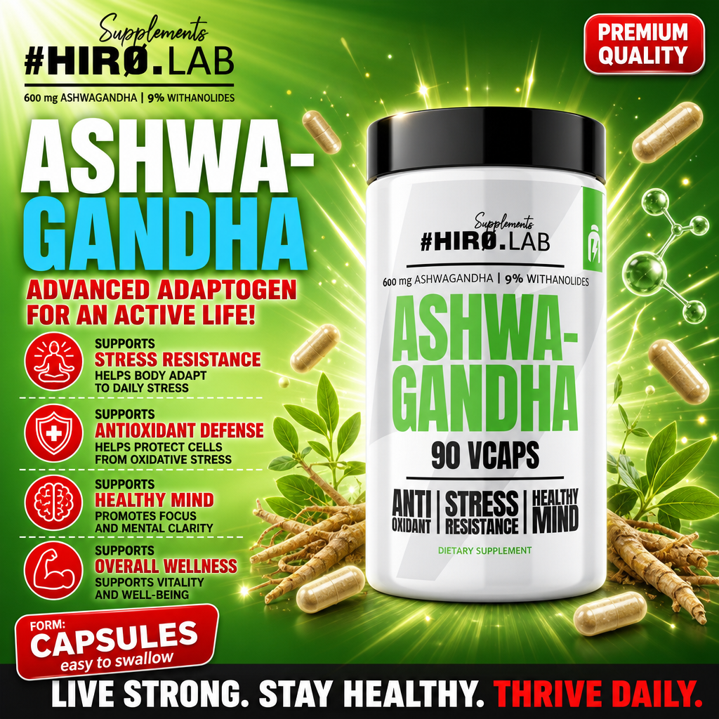 Hiro Lab Ashwagandha 90 Vcaps dietary supplement with 600mg ashwagandha and 9% withanolides, supporting stress resistance, antioxidant defense, and mental clarity, in capsule form with a green and white label.