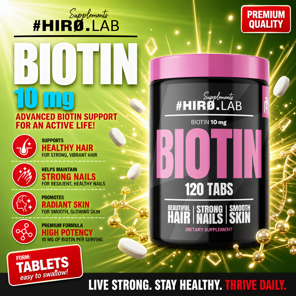 Hiro Lab Biotin 10mg 120 tabs dietary supplement for healthy hair, strong nails, and smooth skin, in tablet form with a black and pink container.