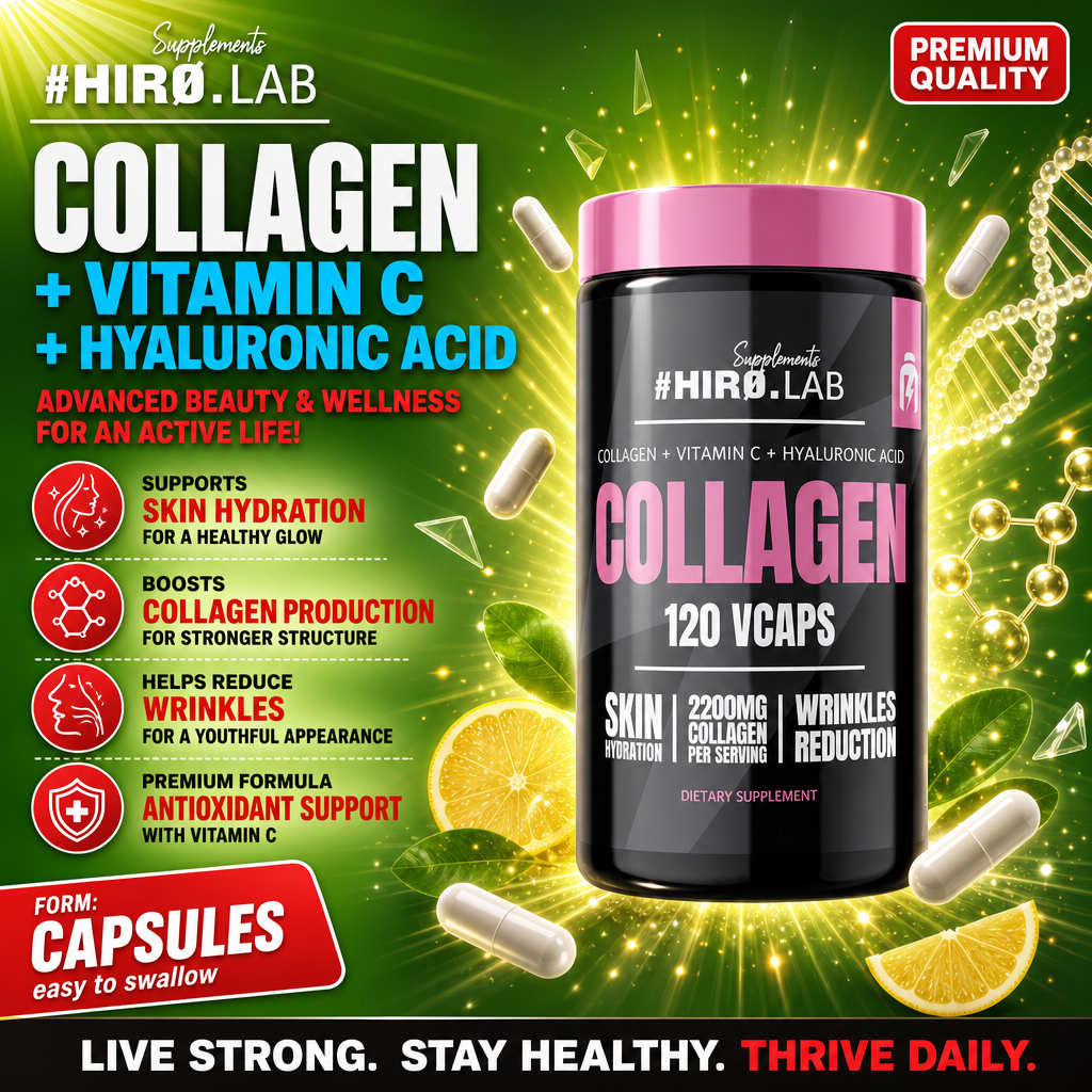 Hiro Lab Collagen 120 Vcaps dietary supplement with vitamin C and hyaluronic acid, supports skin hydration and wrinkle reduction, black bottle with pink lid, capsules form.