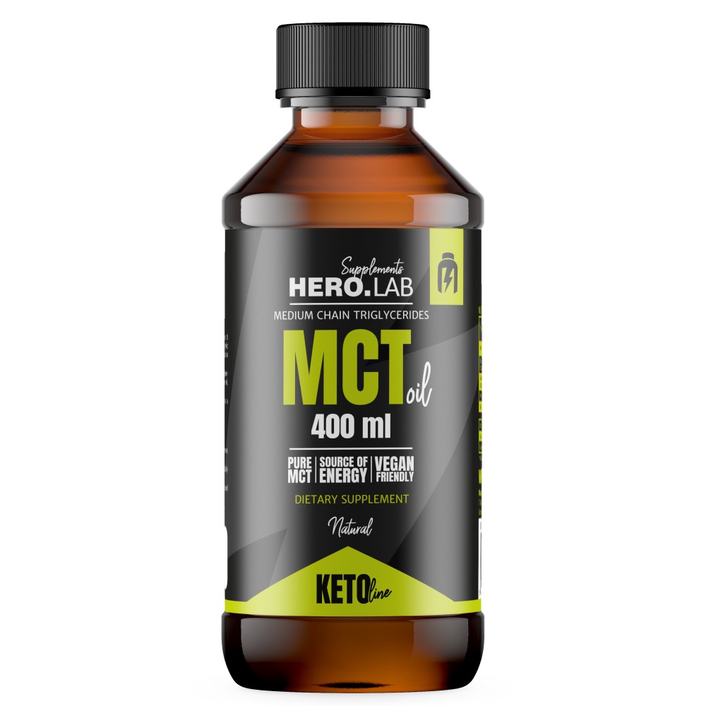 Hero Lab MCT Oil 400ml medium chain triglycerides dietary supplement, vegan friendly, natural, in a brown bottle with black and green label.