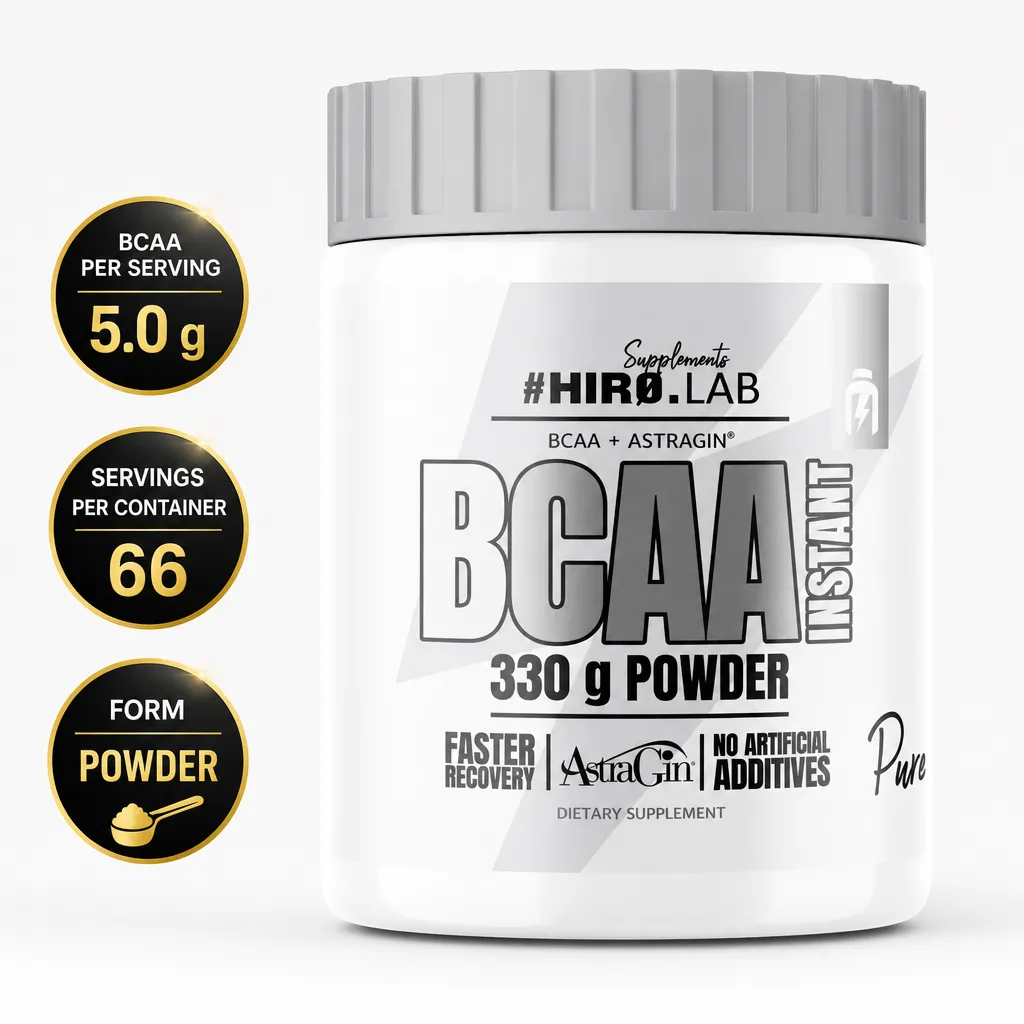 Hiro Lab BCAA Instant Powder 330g unflavoured amino acid supplement with AstraGin in a white tub