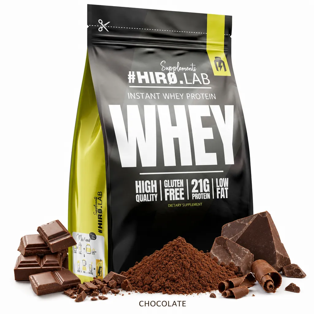 Hiro Lab Instant Whey Protein 750g chocolate flavor, gluten-free protein powder with 21g protein per serving, low fat, and instant-mix formula for athletes.